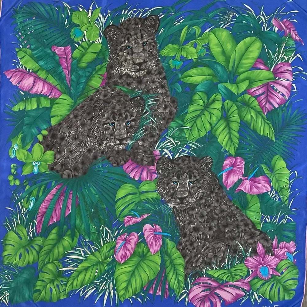 Vintage Salvatore Ferragamo Silk Scarf Coveted Black Panther Cub 34 In Exc Cond - Picture 3 of 10